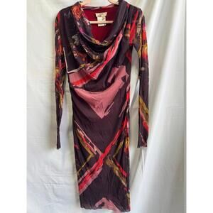 Fuzzi Red Abstract Floral Sheath Dress XL Long Sleeve Mesh Italy (Small Hole)